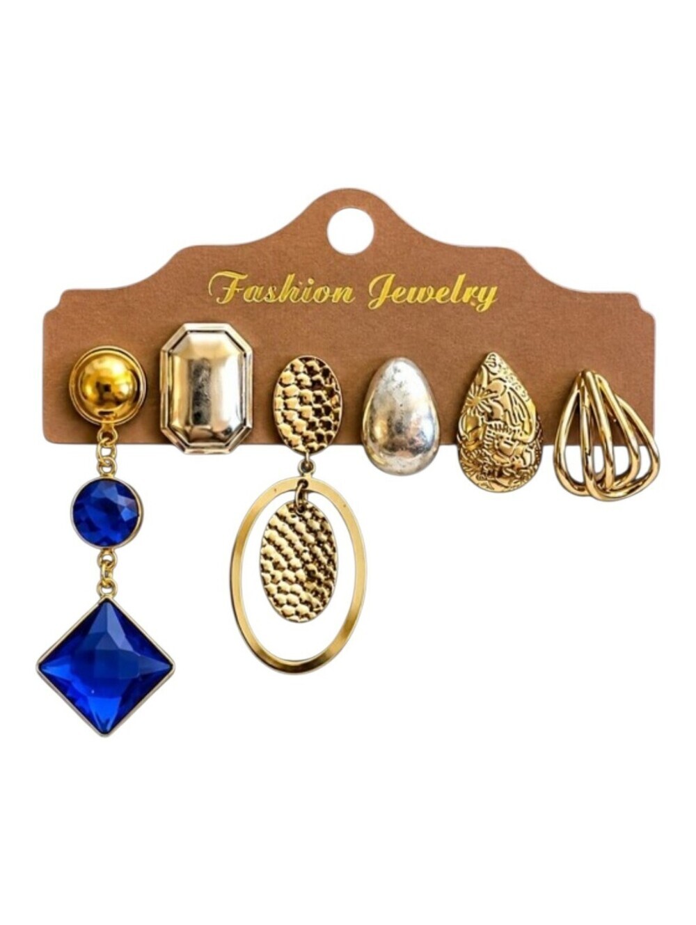 Vtg 1980s Set of Six Single Gold Silver and Blue Earrings
